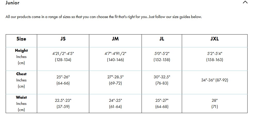 GILL JUNIOR SIZE GUIDE 24 0 Größentabelle